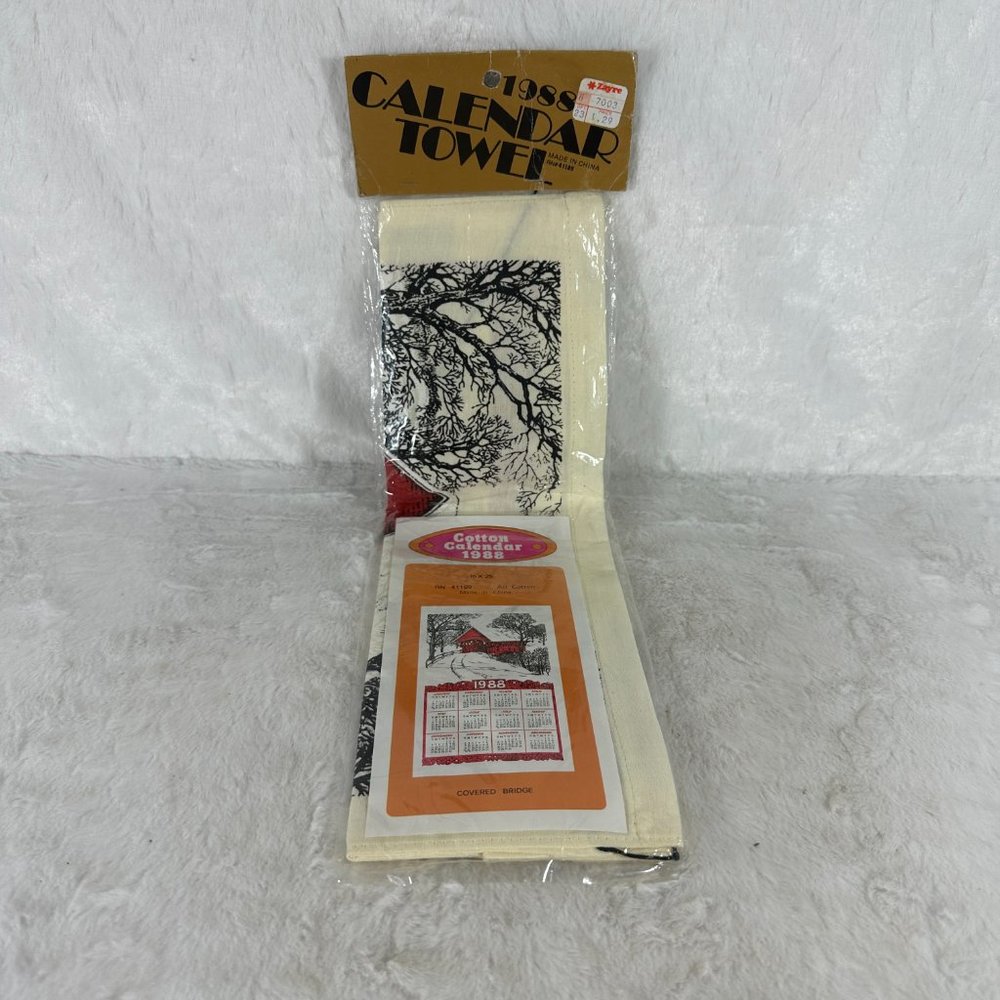 Vintage Cotton Winter Snow Scene Red Covered Bridge Tea Towel Calendar 1988 - Picture 3 of 3